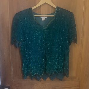 Sparkly blue green aqua vintage sequin top with beading details